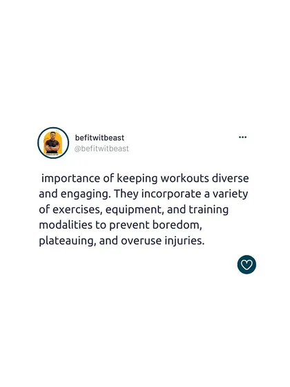 A fact about personal training: We understand the importance of keeping workouts diverse and engaging to prevent boredom, plateaus, and overuse injuries.