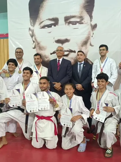 Our team proudly displays their 18 medals from the 8th Asian Goju-Ryu Karate Championship in Pune. Every one of our 12 participants secured a medal, a testament to their exceptional talent and the high quality of their training.