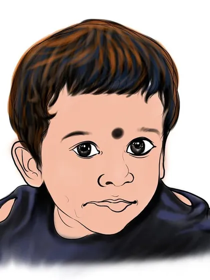 A nearly complete colored version of the baby portrait. The shading on the hair and face gives the drawing depth and a three-dimensional feel.