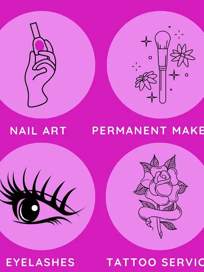 A quick look at some of our core services: Nail Art, Permanent Makeup, Eyelashes, and Tattoo Services.