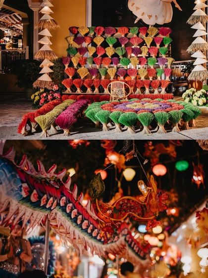 A collage showing a modern and radiant mehendi decor. It features a colorful backdrop made of dried and dyed materials and a dragon dance prop, indicating a fusion or destination theme.