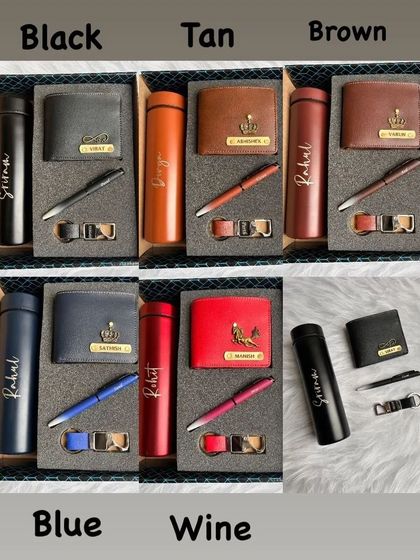 This collage displays the full range of color options for my Black Box Combo. You can choose from Black, Tan, Brown, Blue, and Wine to create a coordinated and personalized gift set for any occasion.