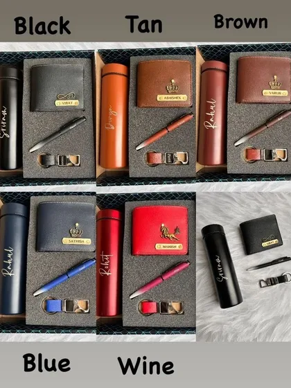 To help you choose, this image displays the full range of colors available for my 4-in-1 gift sets. Options include Black, Tan, Brown, Blue, and Wine, each with matching personalized items.