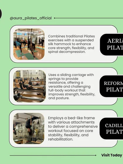 Curious about the different forms of Pilates? This graphic breaks down the top 3: Aerial, Reformer, and Cadillac Pilates. Each offers a unique way to transform your body.