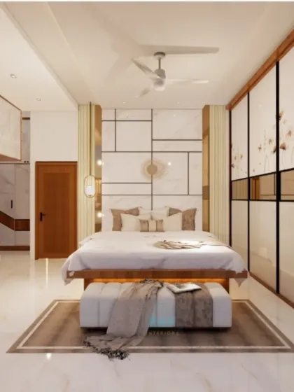 A luxurious bedroom render with a geometric-patterned accent wall, a floating bed with under-lighting, and a large floral-printed sliding wardrobe.