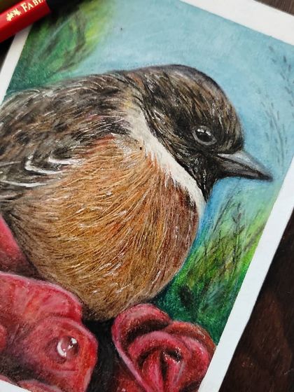 Another angle of the finished bird and roses drawing.