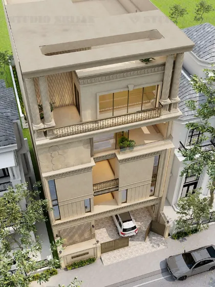 An aerial view of a 257 sq. yard neoclassical home in Varanasi. The design features a double-height terrace with grand columns, creating a dramatic and luxurious outdoor space reminiscent of classical loggias.