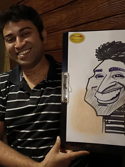 A happy diner with his fun portrait.