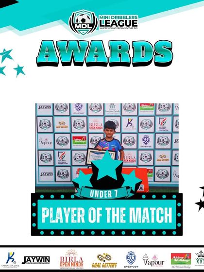 A smiling U7 player holds their well-deserved 'Player of the Match' certificate and medal.