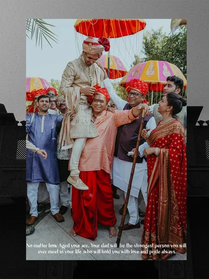 A heartwarming moment of a father carrying the groom on his shoulders, a beautiful display of love and pride.