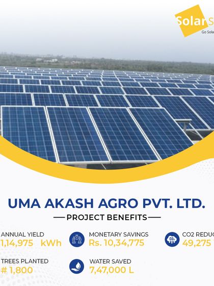 This 90 kW solar system for Uma Akash Agro Pvt. Ltd. is installed on an RCC structure, providing clean energy for their cold storage solutions. It generates over 1.14 lakh kWh annually, saving the business more than ₹10.3 lakhs.