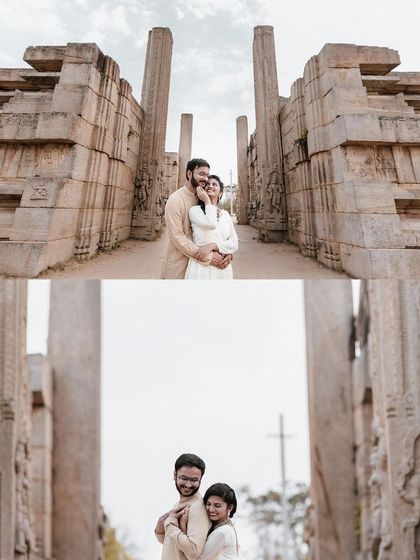 A collage of a couple's romantic pre-wedding shoot amidst the ancient pillars of Melkote temple.