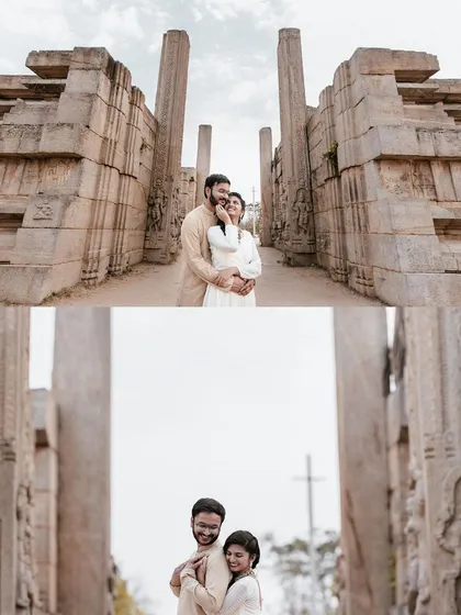 A collage of a couple's romantic pre-wedding shoot amidst the ancient pillars of Melkote temple.