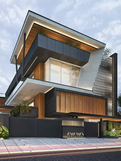 This contemporary farmhouse design features a bold, angular structure with a distinctive perforated metal facade. The combination of dark panels, light concrete, and warm wood creates a sophisticated and modern look.