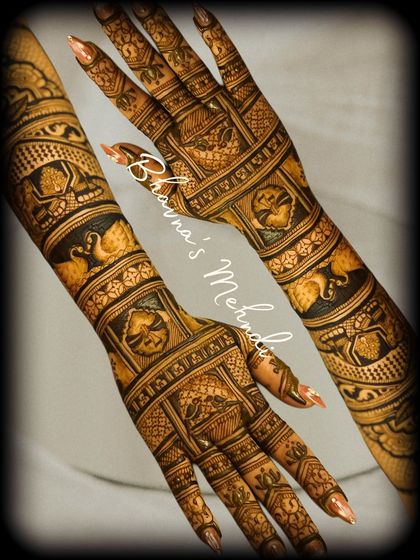 A collage showcasing the complexity and beauty of a full bridal mehndi set, with swans, elephants, and other traditional figures.