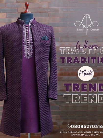 Where tradition meets trend. This graphic showcases a beautiful purple Indo-Western shrug set, a perfect example of my design philosophy.