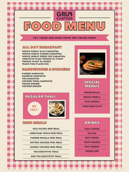 This menu gives you a snapshot of the wide range of food I offer. From all-day breakfast options like parathas and sandwiches to regular thalis, mini meals, and beverages, there is something for every taste and time of day.