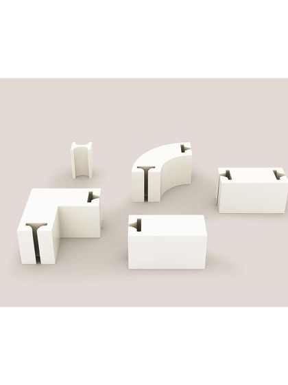 These are the five core modules of the LOKI system: an end, straight, curved, corner, and connector piece. These simple building blocks can be combined to create endless seating configurations.