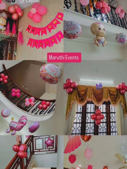 A collage showing a full house decoration for a 'Welcome Baby Girl' event, with pink balloons on the stairs, windows, and walls.