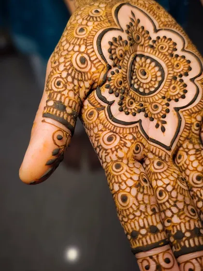An extreme close-up of the palm mandala, highlighting the precision of the dots and lines.