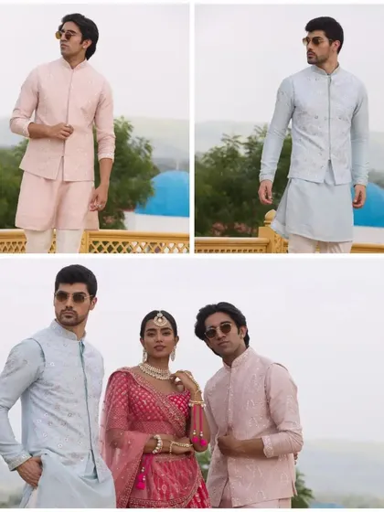 A collage showcasing the pastel kurtas from the Inayat collection. The soft pink and blue hues, paired with delicate embroidery, are perfect for daytime celebrations and pre-wedding events.