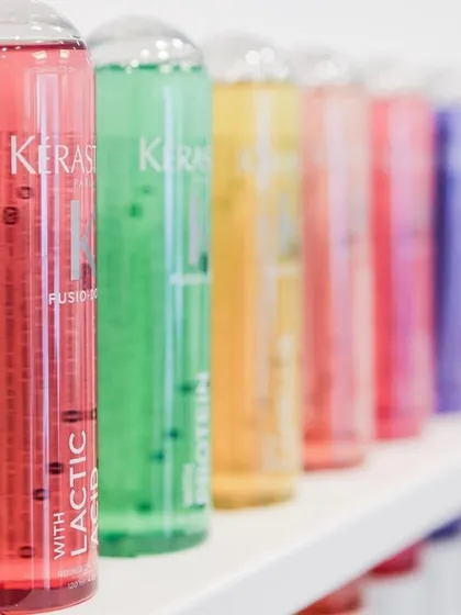 A rainbow of solutions. Each color in our Kérastase Fusio-Dose range targets a different primary hair need, from protein for repair to lactic acid for shine.