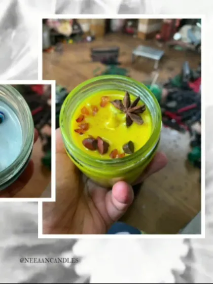 Another look at our premium glass jar candles. The yellow one is infused with spices, and the blue one has evil eye beads for protection.