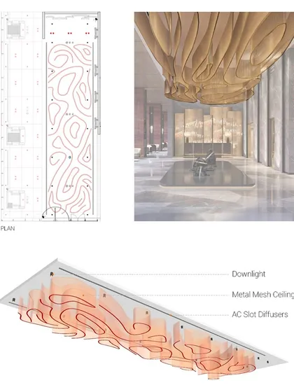 This diagram illustrates the design for a fluid metal mesh ceiling installation in a lobby. The drawing shows how the organic form is integrated with lighting and HVAC systems, creating a feature that is both beautiful and functional.