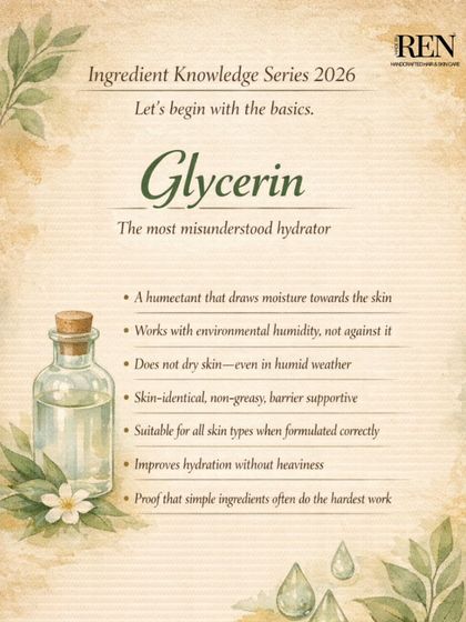 Let's talk about Glycerin, the most misunderstood hydrator. It's a simple, hardworking humectant that draws moisture to the skin without heaviness, even in humid weather.