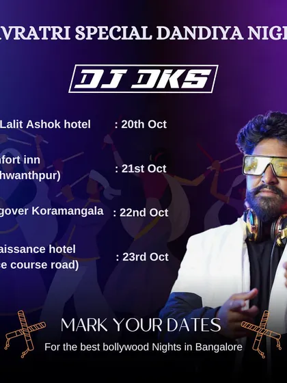 Get ready for Navratri with my special Dandiya nights across Bangalore's top venues. I mix traditional Garba beats with high-energy Bollywood remixes, often with live Dhol players to keep the dance floor packed.