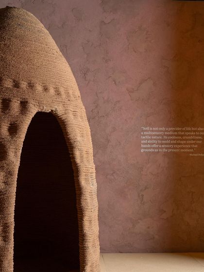 A detail of a 3D-printed soil structure from the 'Soil' installation. This piece fuses modern technology with the raw, earthy character of the material, resonating with the theme of soil as a medium for both exploration and creation.