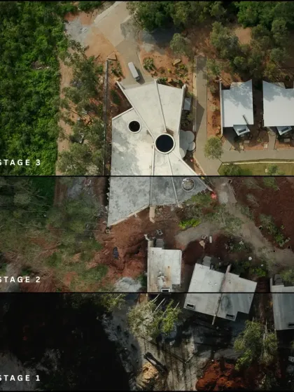 An aerial view showing the three stages of construction for our eco-resort, from the initial groundwork to the nearly completed structures.