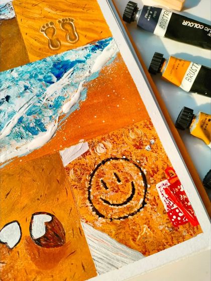 A close-up of the beach-themed painting, showing the texture of the sand and waves.