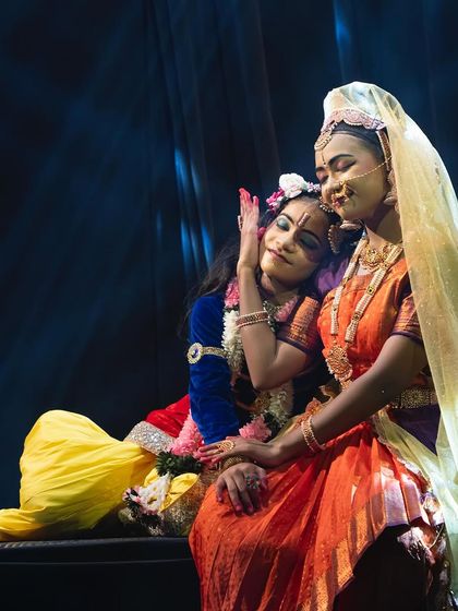 A gentle and affectionate moment between Radha and Krishna. The soft lighting and tender expressions beautifully capture the essence of divine love.