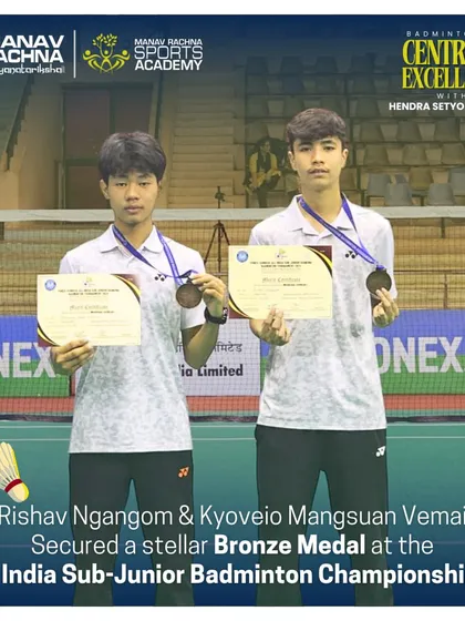 Our badminton duo, Rishav Ngangom and Kyoveio Mangsuan Vemai, with their Bronze medals at the All India Sub-Junior Badminton Championships. Their success in the U-17 doubles category showcases their excellent coordination and training.