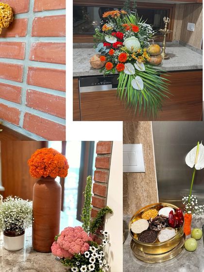 A collage of kitchen-themed decor for a housewarming, with fruits and vegetables beautifully arranged on shelves.