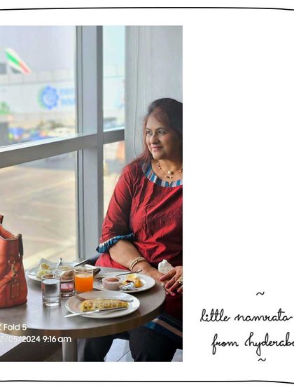 Sujatha enjoying a breakfast date at the airport in Hyderabad with her Little Namrata in Carrot orange. A perfect travel companion.