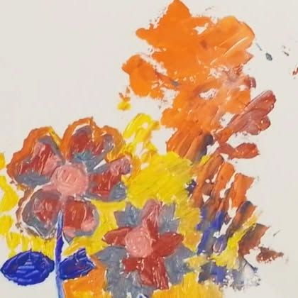 A young student experimenting with abstract floral painting using a palette knife, a fun introduction to texture and color.