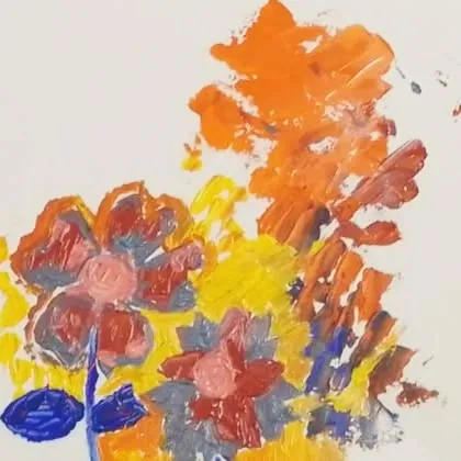 A young student experimenting with abstract floral painting using a palette knife, a fun introduction to texture and color.