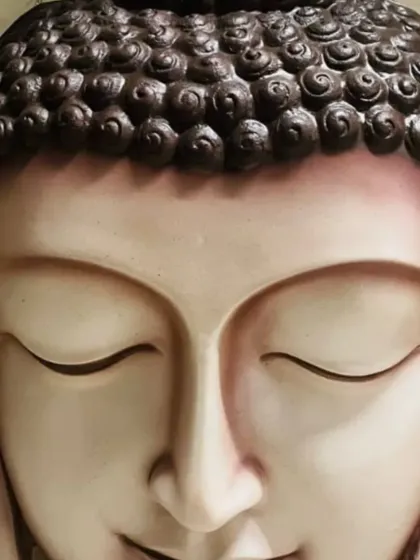 A close-up of one of my custom Buddha statues. I can create these statues in sizes ranging from 15 inches to 5 feet tall and paint them in your favorite colours to match your decor. This one has a serene, classic finish.