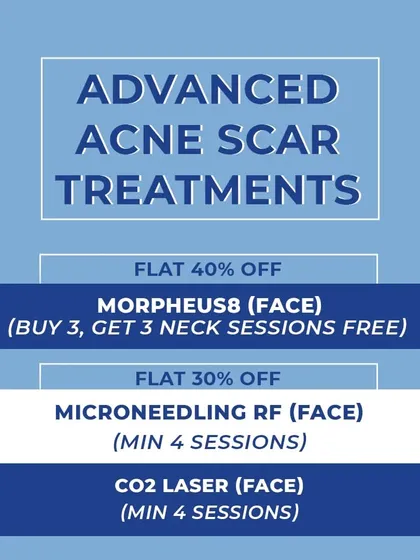 Address acne scars with our advanced treatments. Take advantage of our October offers on Morpheus8, Microneedling RF, and CO2 Laser for the face.