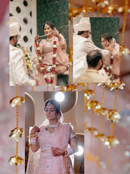A collage that tells the story of the Varmala ceremony, framed by the bride's beautiful kaleerein.