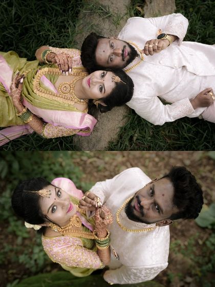 An aerial and a straight on view of the engaged couple lying in the grass. These creative angles add a unique perspective to their portrait session.