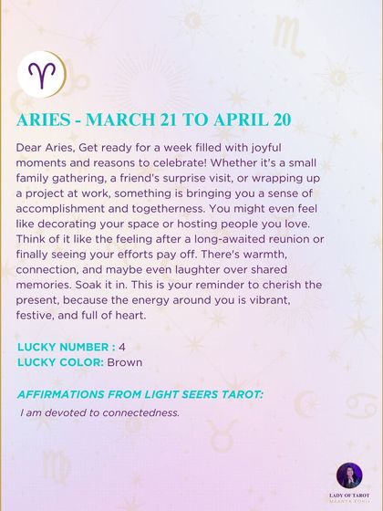 A weekly tarot reading for Aries filled with joyful moments and reasons to celebrate. This forecast is your reminder to cherish the present and soak in the vibrant, festive energy.