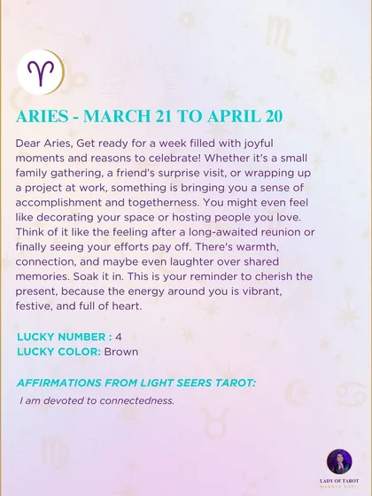 A weekly tarot forecast for Aries. Get ready for a week filled with joyful moments and reasons to celebrate. This is your reminder to cherish the present.