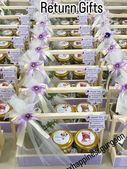 An overhead view of the lavender baby shower favors, showcasing the consistent and beautiful presentation across the entire order.
