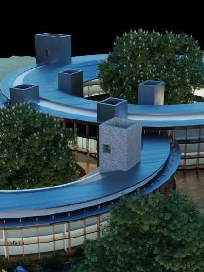 An inspiring architectural project shaped around its environment. This rendering shows a unique circular building design with central courtyards, allowing nature to grow within the structure itself.