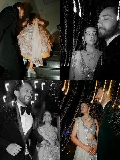 A dynamic black and white collage, using motion blur and light trails to capture the energy and intimacy of the Sangeet night.