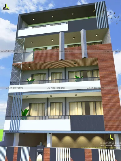 A modern elevation design combining brick texture, grey panels, and white accents for a balanced and contemporary look.