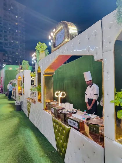 A view of my white and gold dessert counters, including stations for Falooda and Ice Cream.